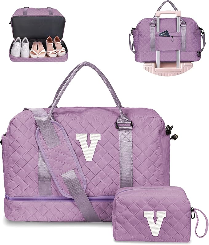 Vogewood Birthday Gifts for Women - Duffle With Shoe Compartment, Personalized Weekender, Monogram Overnight Bag, Letter Travel With Makeup Bag, Preppy Gifts for Girl (Letter V)