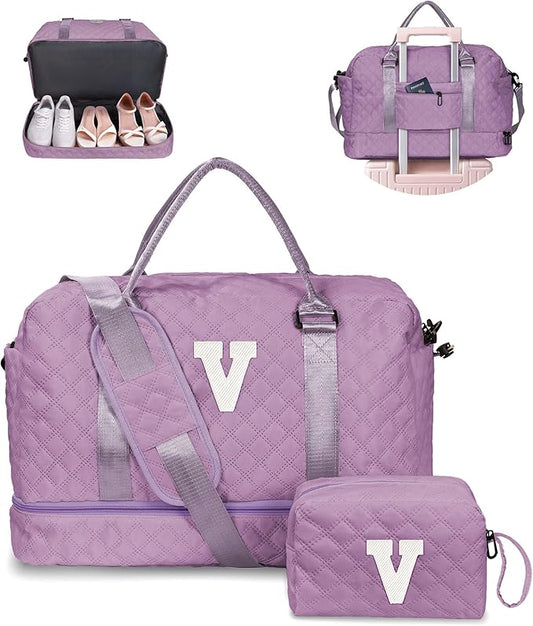 Vogewood Birthday Gifts for Women - Duffle With Shoe Compartment, Personalized Weekender, Monogram Overnight Bag, Letter Travel With Makeup Bag, Preppy Gifts for Girl (Letter V)