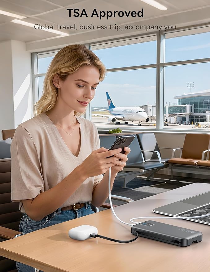 Portable Power Bank, 12000mAh 22.5W Fast Charging Phone Charger with Built-in Cables & Wall Plug, Travel Essential Battery Pack with LED Display, USB C Battery Charging Bank for iPhone, Samsung Black