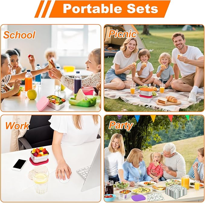 4 Pack Stainless Steel Snack Containers with Lids Set, 8 oz Rectangular Easy Open Leakproof Reusable Snack Box Container for Lunch, Small Lunch Food Containers for Meal Prep, Salad Dressing To Go