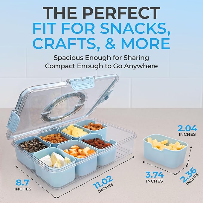 Snackle Box Container with Lid- Travel Charcuterie Box with Handle - Organizer for Candy, Fruit, Nuts, Veggies, Snacks, Beach Essentials, Portable Lunch Box (Blue, Large)
