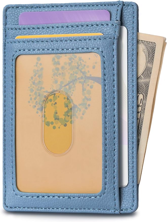 Buffway Slim Minimalist Front Pocket RFID Blocking Leather Wallets for Men and Women - Lichee Blue Grey