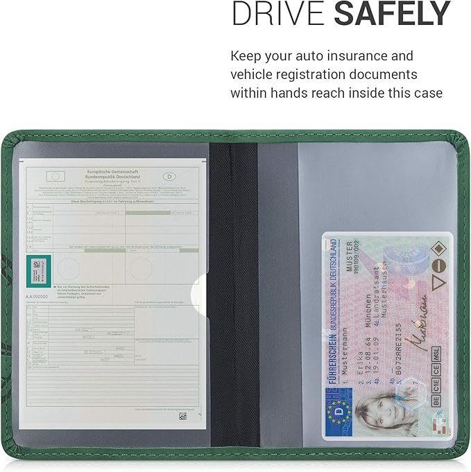 kwmobile Registration and Insurance Holder - Car Document Holder for Vehicle Documents and Cards - PU Leather with Design - Dark Green