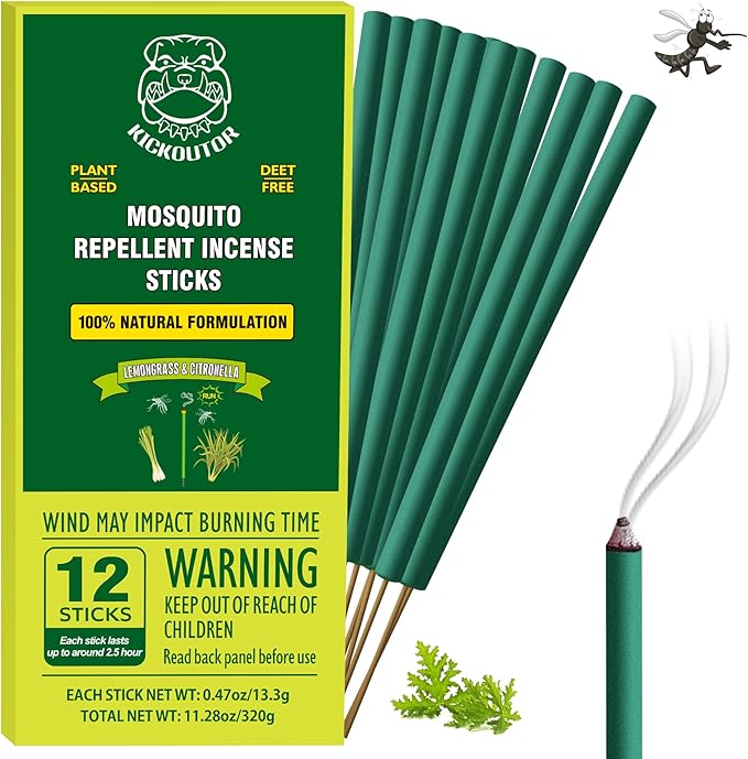 KICKOUTOR® Mosquito Repellent Outdoor Patio 12 PCS Natural Citronella Mosquito Incense Sticks DEET Free Mosquito Barrier Repeller for Backyard Travel Camping Indoor Gnat Mosquito Control