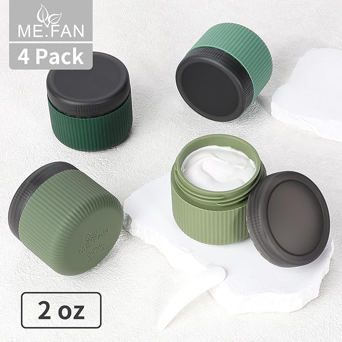 ME.FAN Travel Containers for Toiletries, TSA Approved 2 oz Silicone Cream Jars, Leak-proof Journey Containers, Trip Accessories with Lid for Cosmetic Face Hand Body Cream 4 Pack Black Lid Blue Green