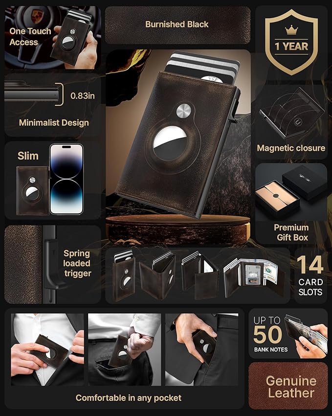 typecase Mens Wallet Card Holder for AirTag: Leather Smart Wallet for Men Compatible with Apple Air Tag, RFID Blocking, Slim, Minimalist - 9-14 Card Capacity | ID Window | Cash Slot (Burnished Black)