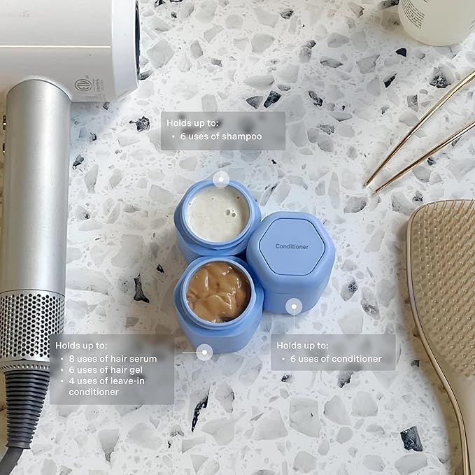 Cadence Travel Containers Haircare Capsule Set - Magnetic Containers with Lids,Carry On Travel Essentials For Women/Men - 3 Flex Mediums (1.32oz) - Shampoo, Conditioner & Comb Icon Labels - Pacific