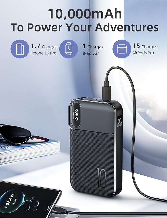 RORRY Portable Charger Built in Cables, AC Wall Plug In Portable Charger Power Bank 10000mAh Travel Battery Pack 22.5W Fast Charging for iPhone 17/16/15 Samsung Galaxy S24/S23/S22 Pixel LG iPad, Black