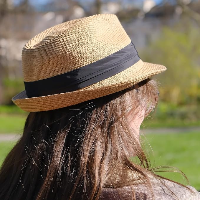 DRESHOW Women Straw Panama Hat Travel Fedora Beach Sun Hat Summer Wide Brim Straw Roll up Hat UPF 50+