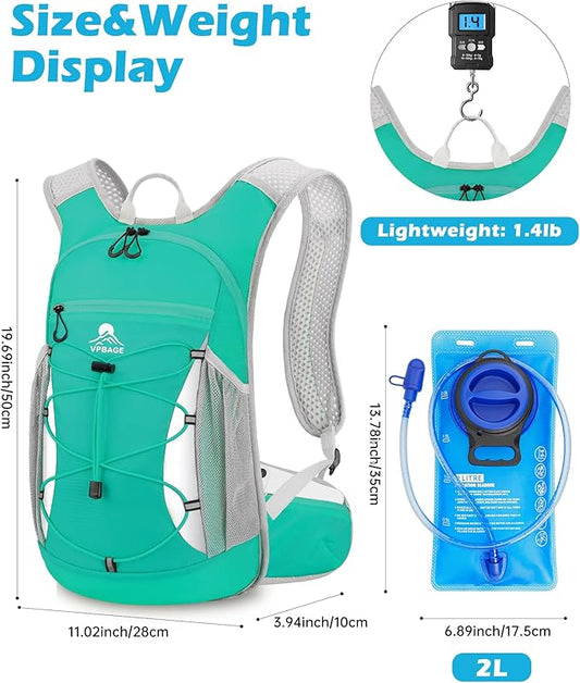 Hydration Backpack with 2L Water Bladder - Lightweight 15L Daypack with Phone-Sized Hip Belt Pockets, Anti-Chafe Cotton Edging & No-Bounce Straps - Small Water Backpack for Hiking, Running, Skiing