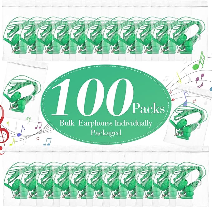 Kanayu 100 Packs Earbuds Bulk Basic Student Earphone Individually Bagged 3.5 mm Headphones for Schools Classrooms Library Teens Gift(Green)