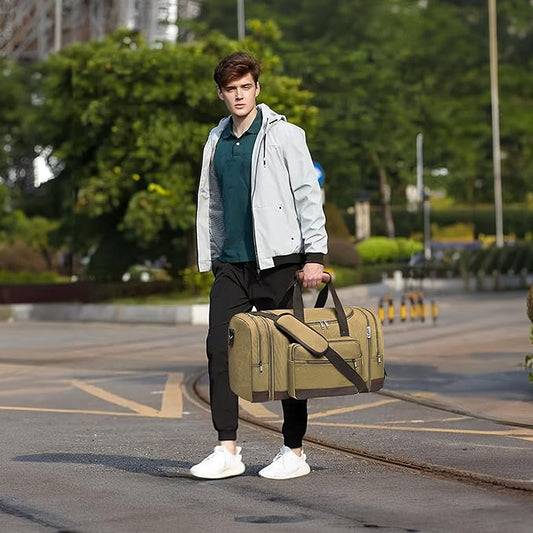 Wolhbege Duffle Bag for Travel,Mens Travel Bag & Carry On Bag for Men with Expandable Design and Luggage Sleeve –Duffel Bag for Gym, Weekender,Canvas,Overnight Trips Khaki