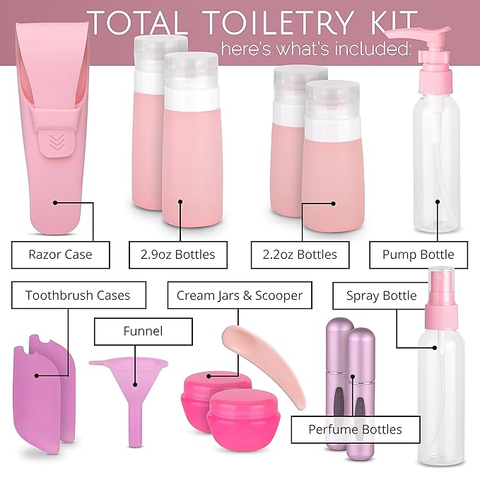 Travel Size Toiletry Bottles, Kit of 16 - TSA Approved Toiletries Essentials for Flying - Must Haves for Women - Silicone Containers, Squeeze Bottles and Accessories for Shampoo, Conditioner, Liquids