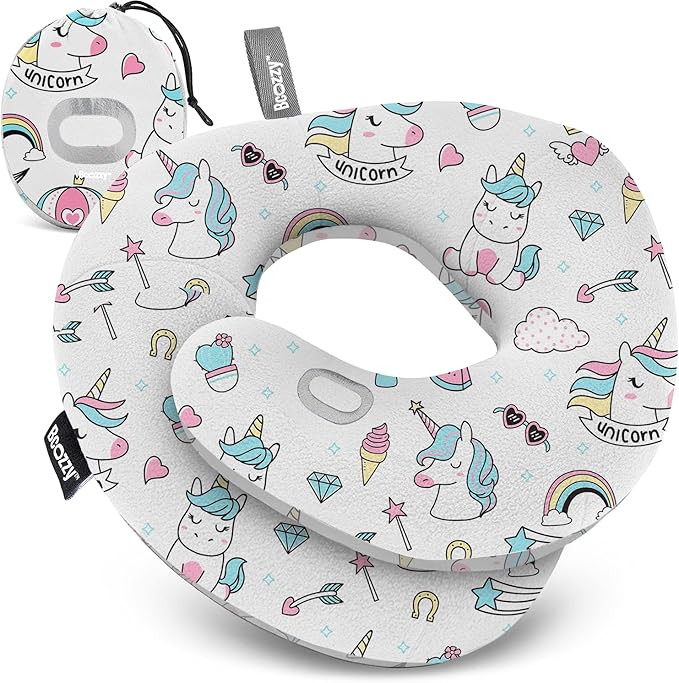 BCOZZY 3-7 Y/O Kids Travel Pillow for Car & Airplane, Soft Kids Neck Pillow for Traveling in Car Seat, Provides Double Support for Toddlers Head & Chin in Road Trips, Washable, Small Size, Unicorn