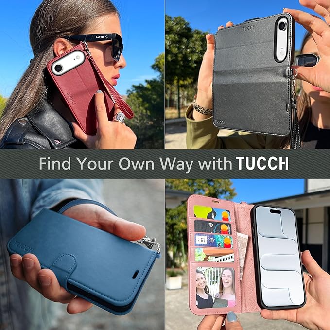 TUCCH Wallet Case for iPhone Air (6.5") 2025, Wrist Strap | 4 Card Slots | RFID Blocking | Kickstand | Shockproof TPU Shell | PU Leather | Magnetic | Protective Flip Cover | Rose Gold