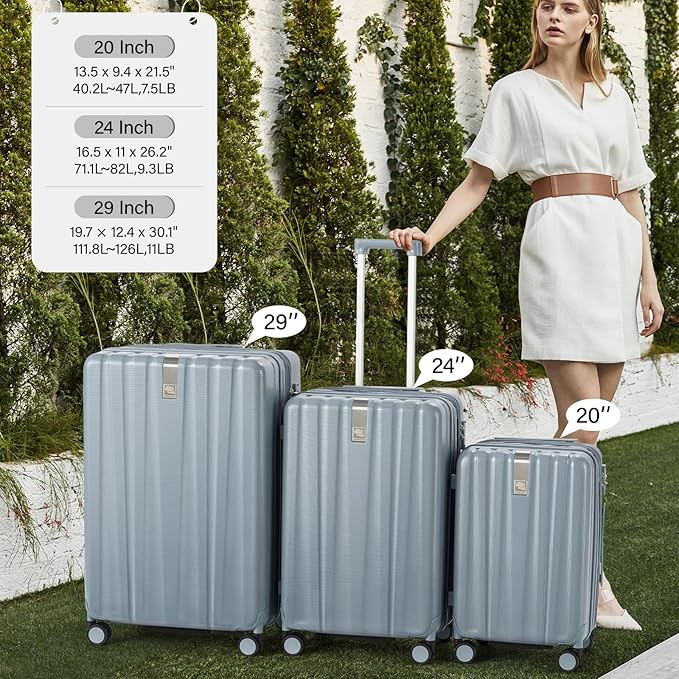 Hanke Expandable Hardshell Luggage Sets 3 Piece Extra Large Suitcases with Lock,28 Inch Luggage with Spinner Wheels, PC Travel Suitcase for Women Men 20 24 29Inch,Grey