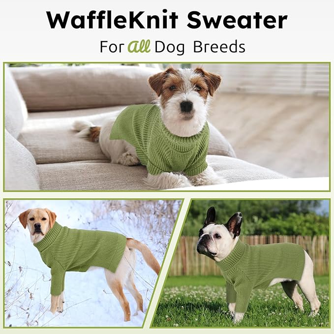Queenmore Waffle Knit Dog Sweater, Long Sleeve Dog Fall Sweater, Turtleneck Puppy Sweaters, Puppy Sweaters for Cats, Green XS