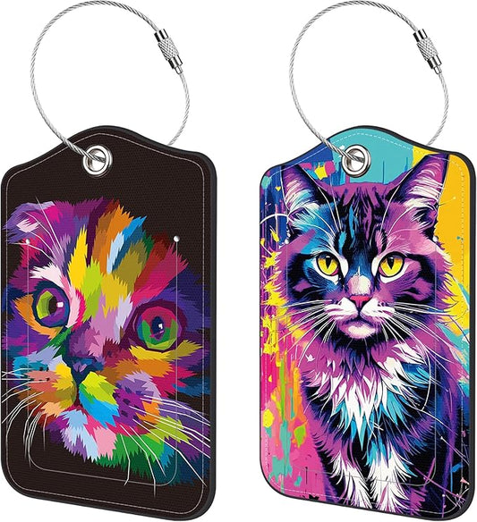 2 Pack Luggage Tags for Suitcase,PU Leather Travel Cruise Luggage Tag with Privacy Cover,Name ID Label and Steel Ring,Travel Essentials for Women Men (Cat with Abstract Beauty)