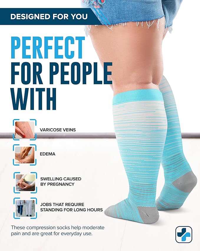 Doctor's Select 3 Pairs Plus Size Compression Socks Wide Calf - Up to 6XL | 20-30 mmHg Compression Socks for Women Wide Calf |Blue, Light Blue, Purple & Pink (Stripes)