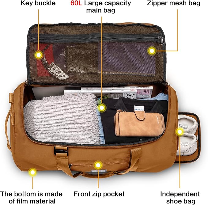 Lyweem Travel Duffle Bag for Men 60L Medium Lightweight Sports Gym Bag Traveling Duffel Backpack for Women Weekender Overnight Bags with Shoes Compartment, Brown