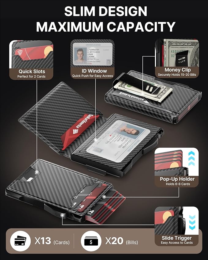 typecase Smart Wallet for Men: Metal Rfid Blocking Card Case, Ultra-Slim Bifold Wallet, Magnetic Card Holder, 9-13 Cards Capacitiy, Smart Popup Wallet for Men with Money Clip - Carbon Fiber