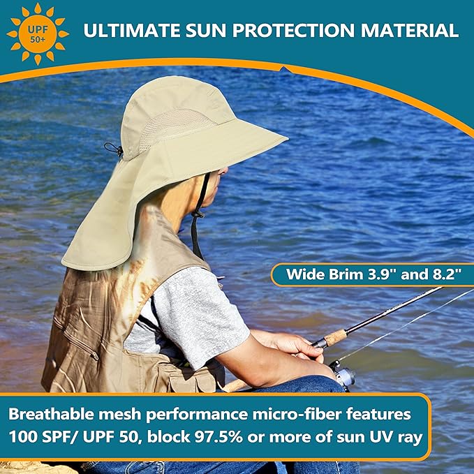Solaris Sun Hat with Neck Flap, UPF 50 Sun Protection Lightweight Sun Cap for Men Women, Wide Brim Hat for Fishing Hiking