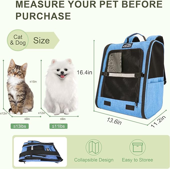Cat Backpack Carrier with Ventilation Mesh and Safety Leash, Lightweight Dog Travel Backpack with Pockets, Reflective Strip, and Removable Mat,Hiking and Outdoor Use,Blue