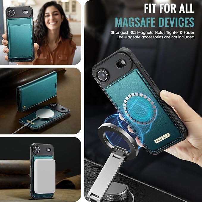 PlusnapX Wallet Case for iPhone Air Compatible with Magsafe, 2-in-1 PU Leather Flip RFID Blocking Card Holder Stand ShockAirof Magnetic Detachable Cover for iPhone 17 Air Case 6.5", Bluegreen