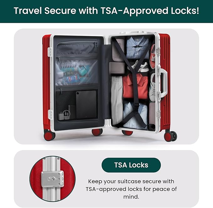 Nobl Travel Carry On Luggage, Noble Zipperless Aluminum Frame PC Hard Shell Suitcase, 20.8"x15"x8.7" Airline Approved, 360° Spinner Wheels, TSA Locks, USB Charging Port & Phone Holder - Cherry Red