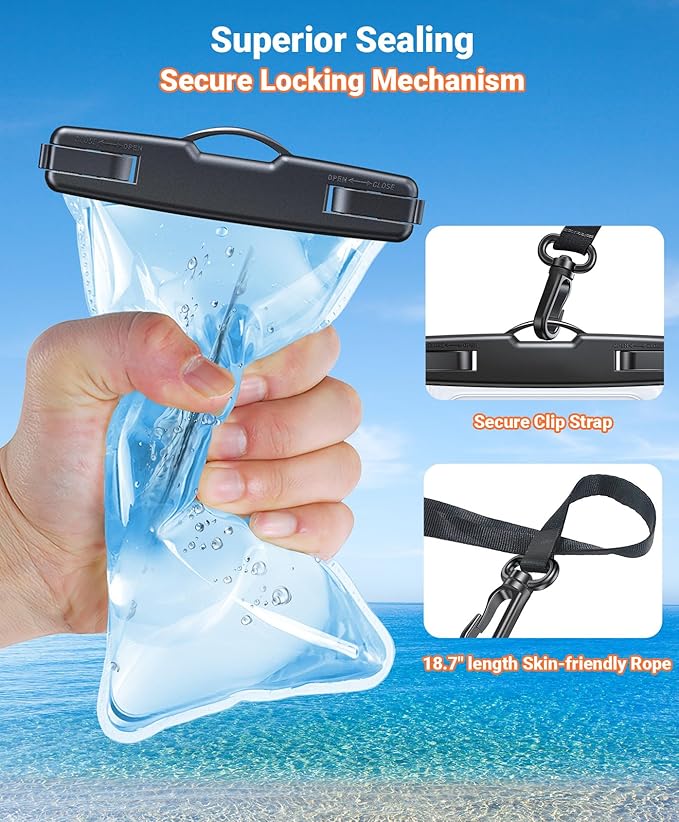 【2 Pack】Coolpow Waterproof Phone Pouch【Easy Lock & Heavy Duty】IPX8 Water Proof Cell Phone Dry Bag for Beach Vacation Waterproof Phone Case With Lanyard Protector for iPhone 17 Samsung All 4-7" Phone