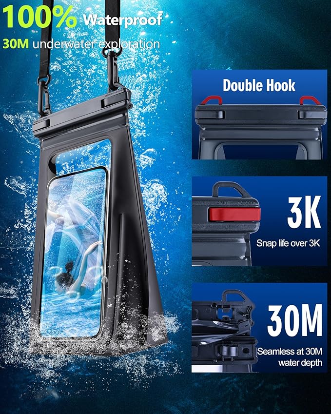 Waterproof Phone Pouch Floating, [Expandable Space] IPX8 Waterproof Dry Bag for iPhone 16 15 14 13 Pro Max Samsung S25 S24 S23 Google Up to 7.0" for Beach Boating Water Park Black
