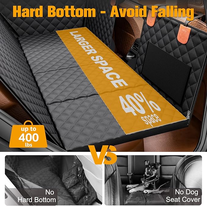 PETICON Back Seat Extender for Dogs, Hard Bottom Dog Car Seat Cover - Supports 400lbs, Rear Seat Pet Cover with Mesh Window, Waterproof Dog Hammock for Car SUV and Trucks