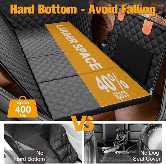 PETICON Back Seat Extender for Dogs, Hard Bottom Dog Car Seat Cover - Supports 400lbs, Rear Seat Pet Cover with Mesh Window, Waterproof Dog Hammock for Car SUV and Trucks
