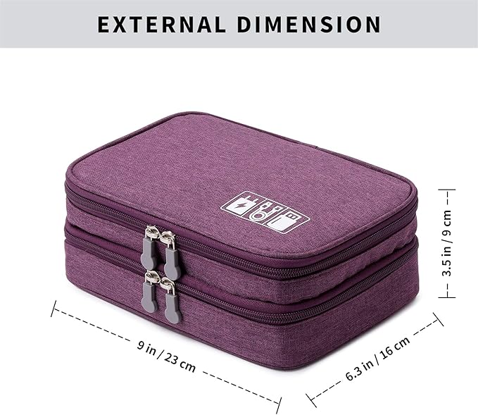 mygreen Electronics Travel Organizer Storage Bag, Double Layer Universal Traveling Gear Accessories Carrying Cover Pouch for iPad Mini Cables Phone Chargers Adapter Flash Hard Drive and More Purple