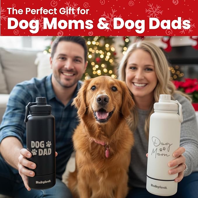 Dog Mom Water Bottle - 32 oz Stainless Steel Double Wall Insulated with 8 oz Detachable Bowl on Bottom - Cool Dog Mom Gifts for Women for Christmas, Birthdays or Gift from The Doggy - DM Cream