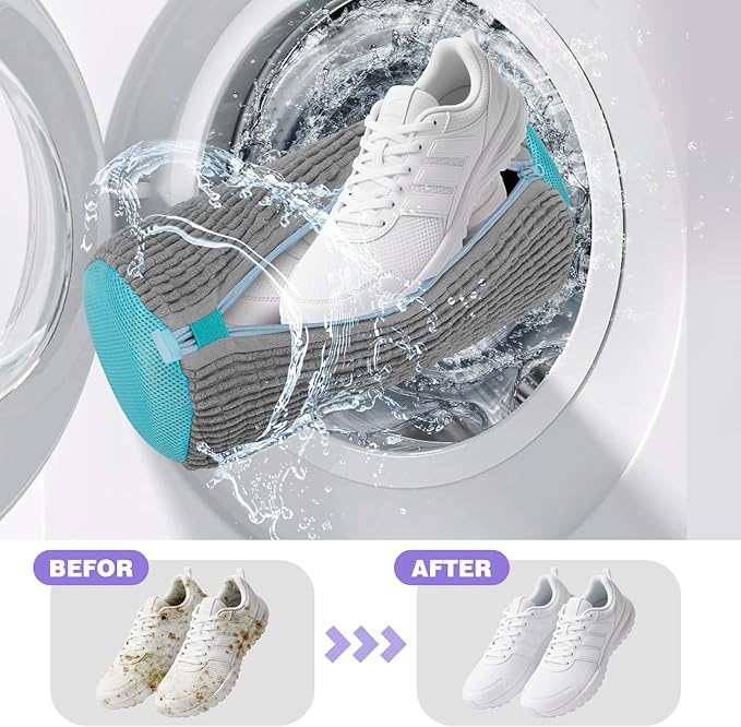 2Pcs Shoe Washing Machine Bag,Deep Clean Reusable Shoe Cleaning Bags,Laundry Shoe Bag for Washer and Dryer Includes 2 Storage Dust Bags for Shoes,Gym,Tennis,Sports 2 Sneaker Washing Machine Bag Grey