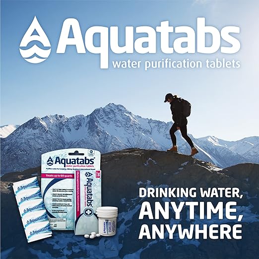 Aquatabs Water Purification Tablets (397mg, 100 Pack). Water Filtration System for Camping, Boating, Emergency Water, Survival Kit, and Marine. Easy-To-Use Water Purifier Treatment.