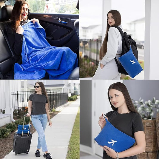 BlueHills Travel Blanket Pillow in Mini Soft Case Premium Plush Airplane Blanket in Soft Bag Compact Pack with Luggage Belt and Backpack Clip Car Portable Cozy Traveling Accessories - Royal Blue M07