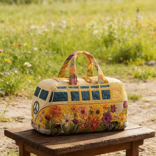 Hippie Journey Quilted Duffel Bag Hippie Van Travel Duffel Bag Vintage Floral Weekender Overnight Bags Women Gym Bags