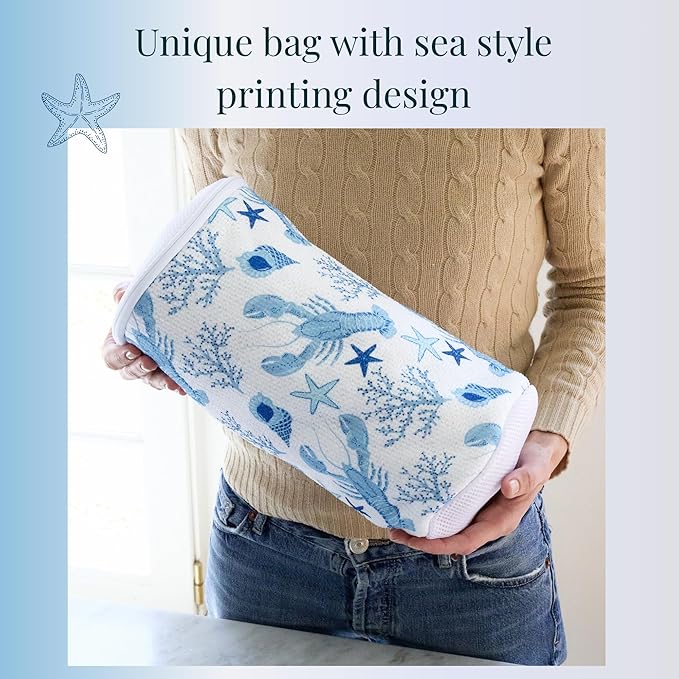 Shoe Washing Machine Bag with Sneaker Brush – 2-Pack Reusable Chenille Laundry Bags for Sneakers, Delicates, Travel & Storage – Ocean Print Stylish Design – by Bluehome