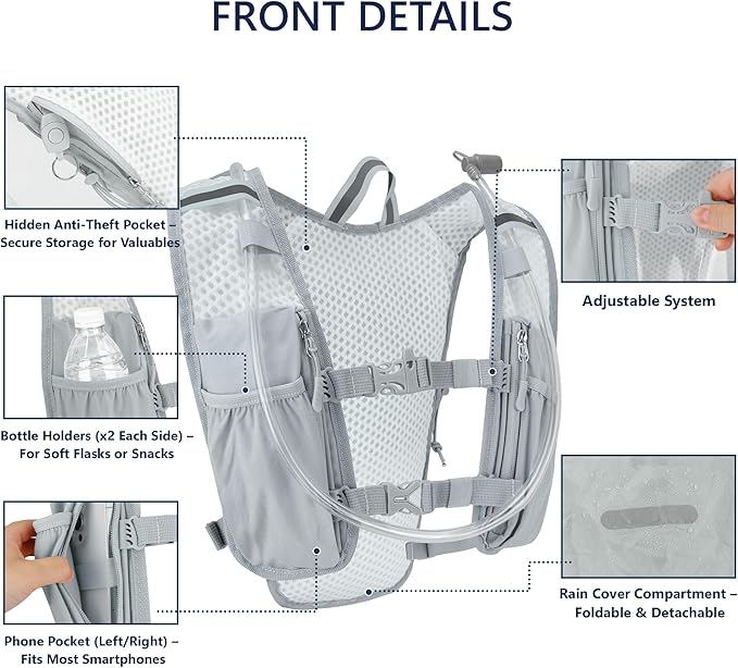 Zavothy Hydration Backpack with Rain Cover, 1.5L Lightweight Hydration Pack for Hiking, Cycling & Trail Running
