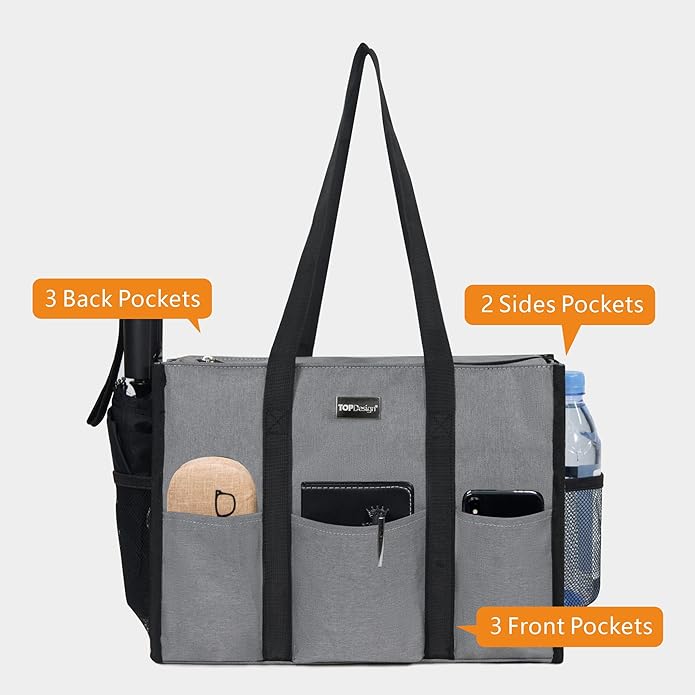 TOPDesign Utility Water Resistant Tote Bag with 13 Pockets, Top Zipper Closure & Thick Bottom Support, for Working Women