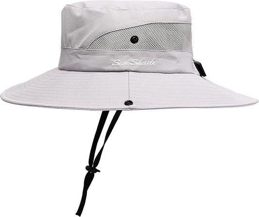 Womens Summer Sun Hat Beach Hat Wide Brim Outdoor UV Protection Hat Foldable Cool Mesh Ponytail Bucket Hat