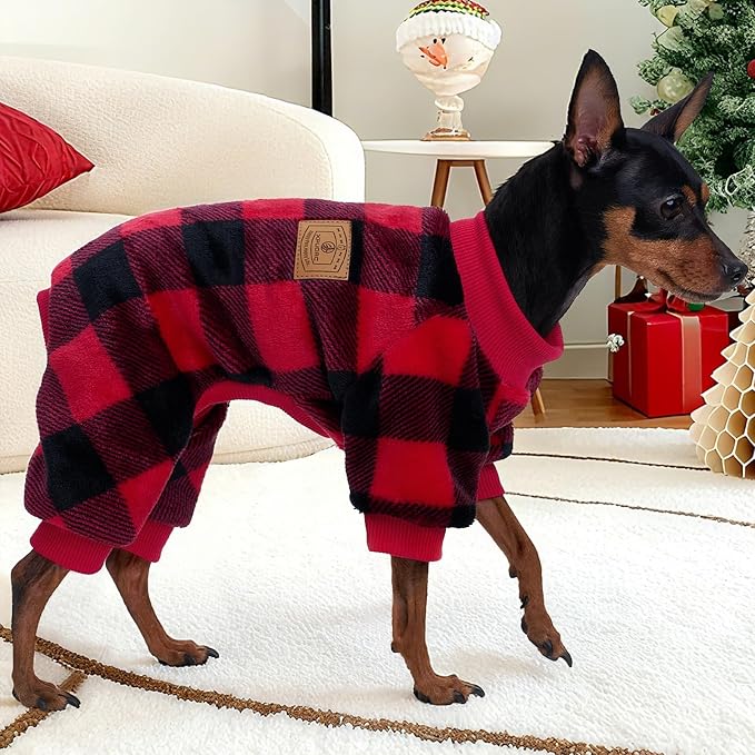 XPUDAC Dog Christmas Sweater Plaid Dog Pajamas for Small Medium Dogs Girl Boy Fleece Puppy Clothes Outfit for Winter, 2XL