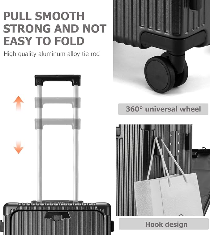 feilario 20in Aluminium Frame PC Hard Shell Spinner Wheels Luggage, Built-In TSA lock Carry on Suitcase, with Cup Holder, USB Port, Phone Holder