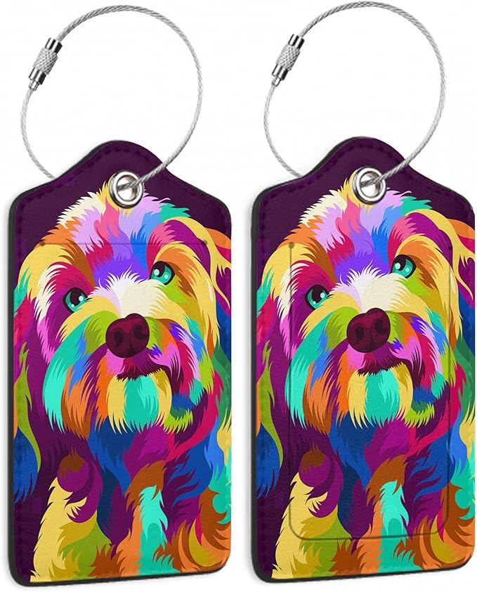 Luggage Tags for Suitcase,2 Pack Colorful Dog Abstract Luggage Tag PU Leather Privacy Cover ID Label with Stainless Steel Loop for Women Men Teens Travel
