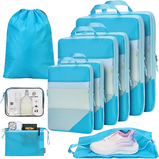 Lightweight Compression Packing Cubes for Suitcases, Compressible Expandable Travel Packing Organizer with Clear Toiletries and Backpack Bag, Travel Essentials for Carry on Luggage 7 Set