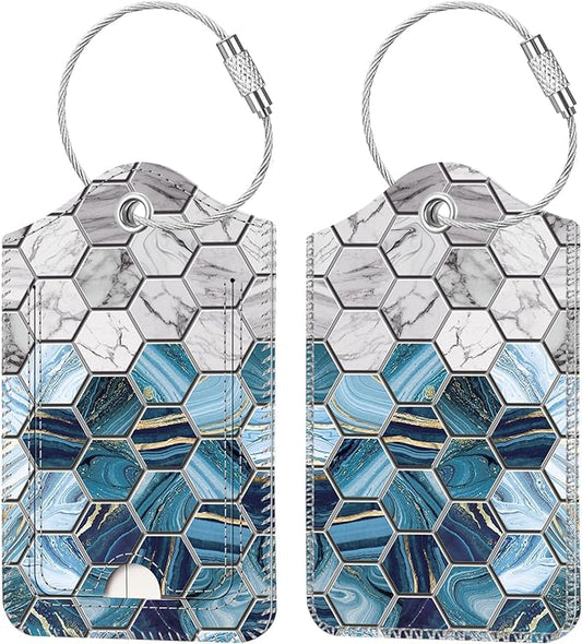 Fintie Luggage Tags, Privacy Cover ID Label with Stainless Steel Loop and Address Card for Travel Bag Suitcase, Agate Hexagons (2 Piece)