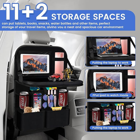The car rear seat storage unit comes with a flat rack, 13 storage compartments, a foldable tray table, a rear seat kick pad, and can hold snacks and toys. It's black (2pieces【Dining table style】)