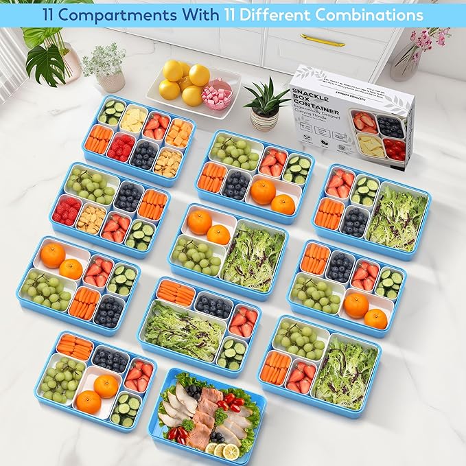 Snackle Box Container for Adults, 11 in 1 Divided Serving Tray Snack Box Containers with Stackable Compartment and Handle, Customizable Charcuterie Boxes Portable Snack Platter for Party Travel, Blue